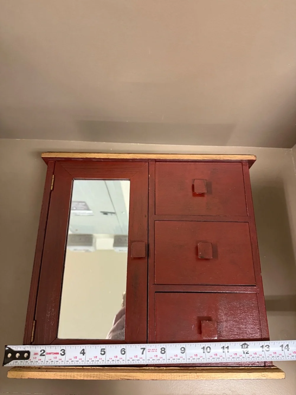 Reddish & Gold Wooden Jewelry Cabinet with Mirror & 3 Drawers. 12” x 13” x 5”